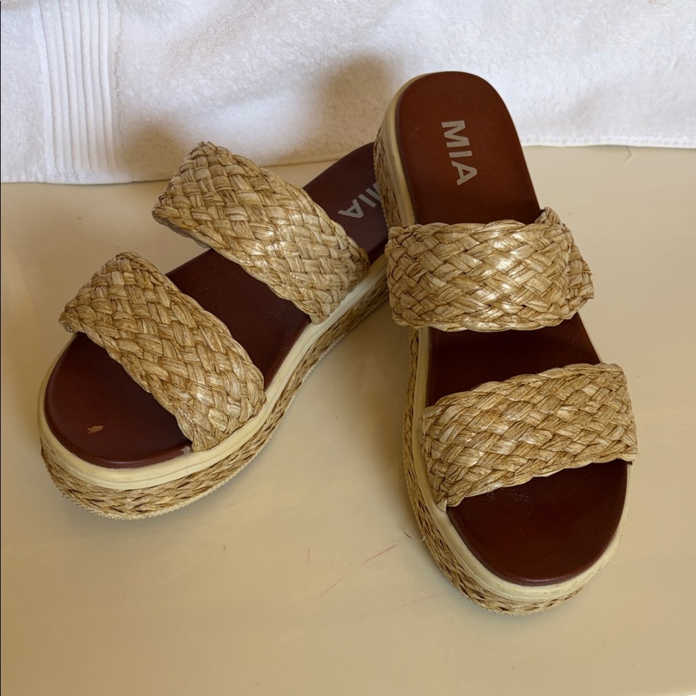 MIA Tan Braided Platform Slide Sandals